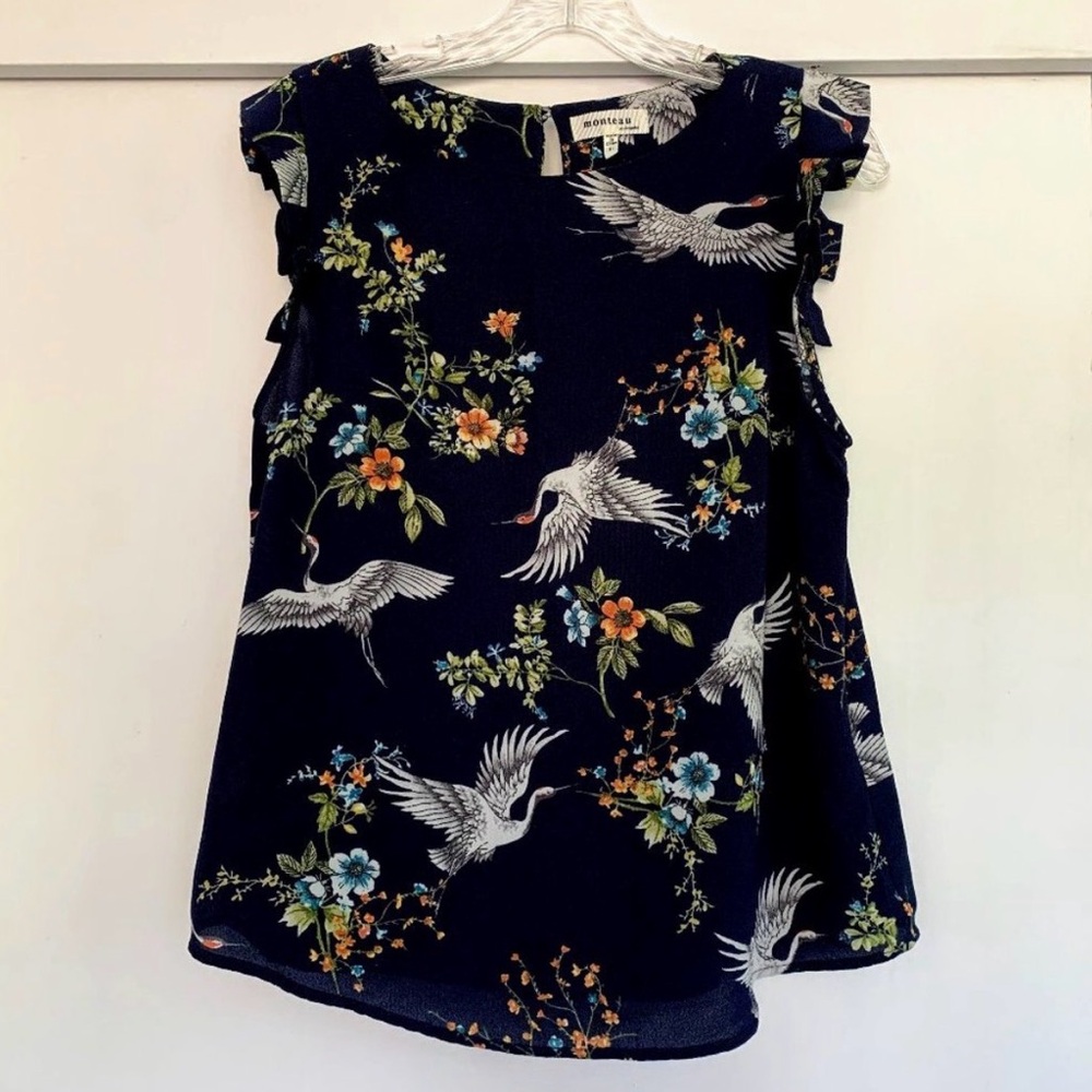 Monteau Navy Floral & Crane Print Ruffle Sleeve Tank